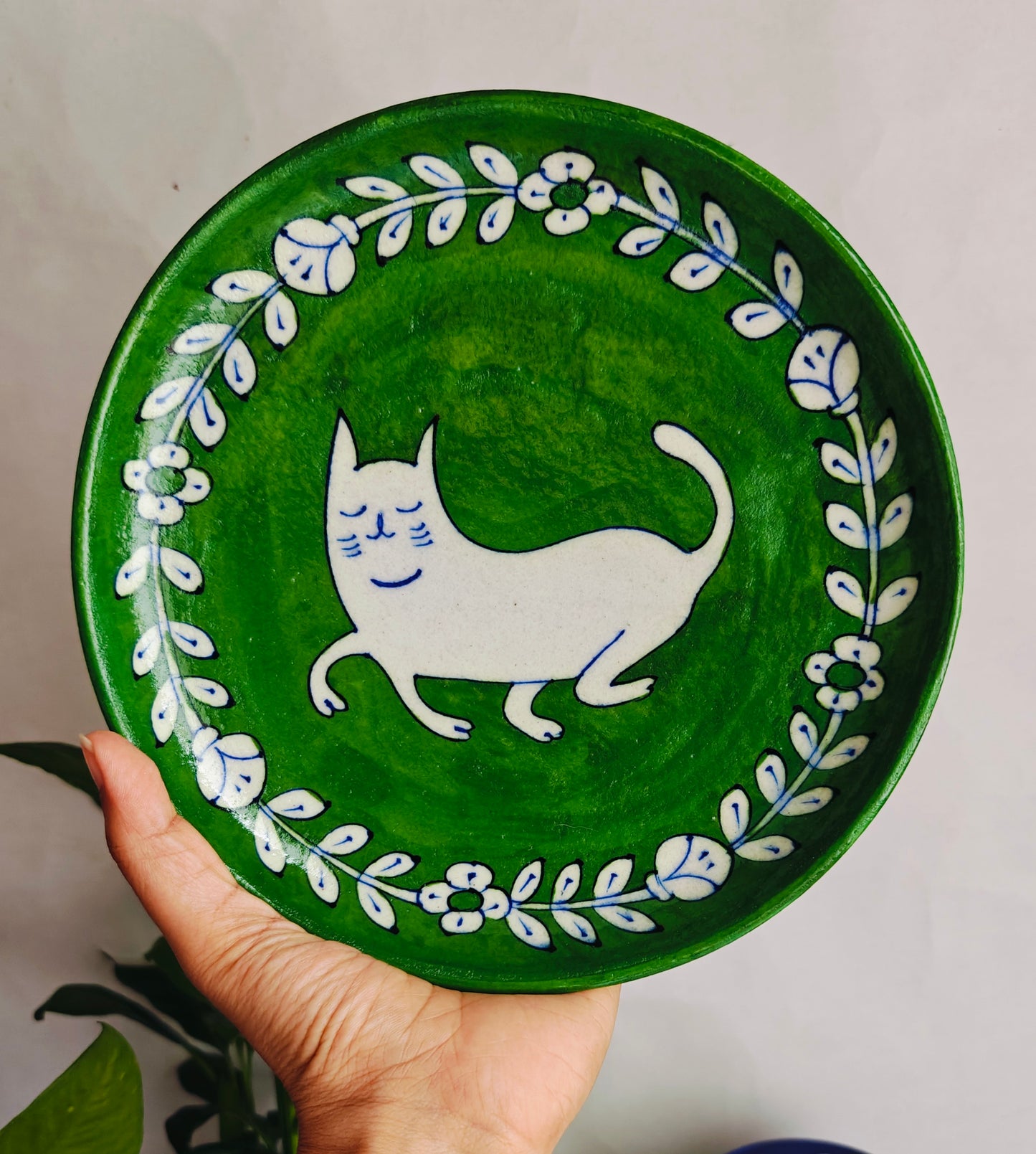 Chokar Exclusive - Evergreen Blue Pottery Cat 8" Plate