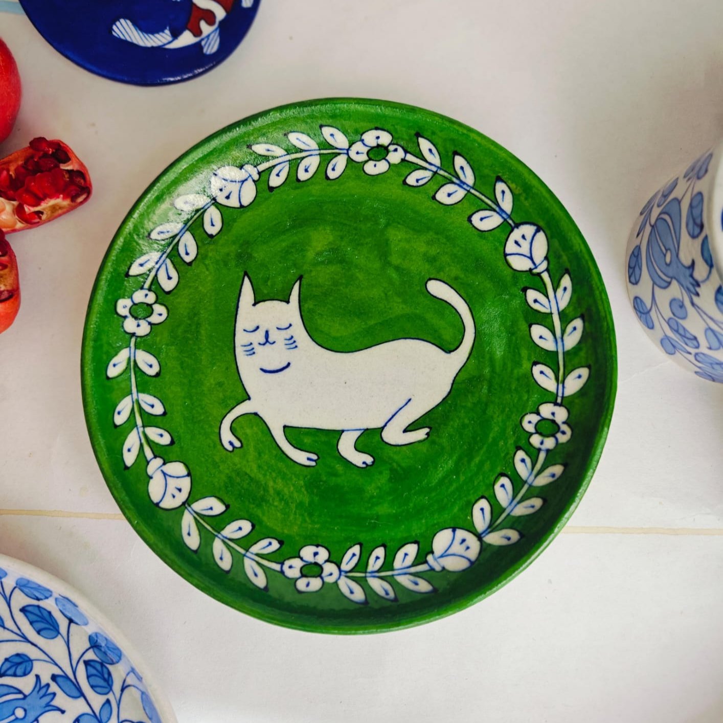Chokar Exclusive - Evergreen Blue Pottery Cat 8" Plate