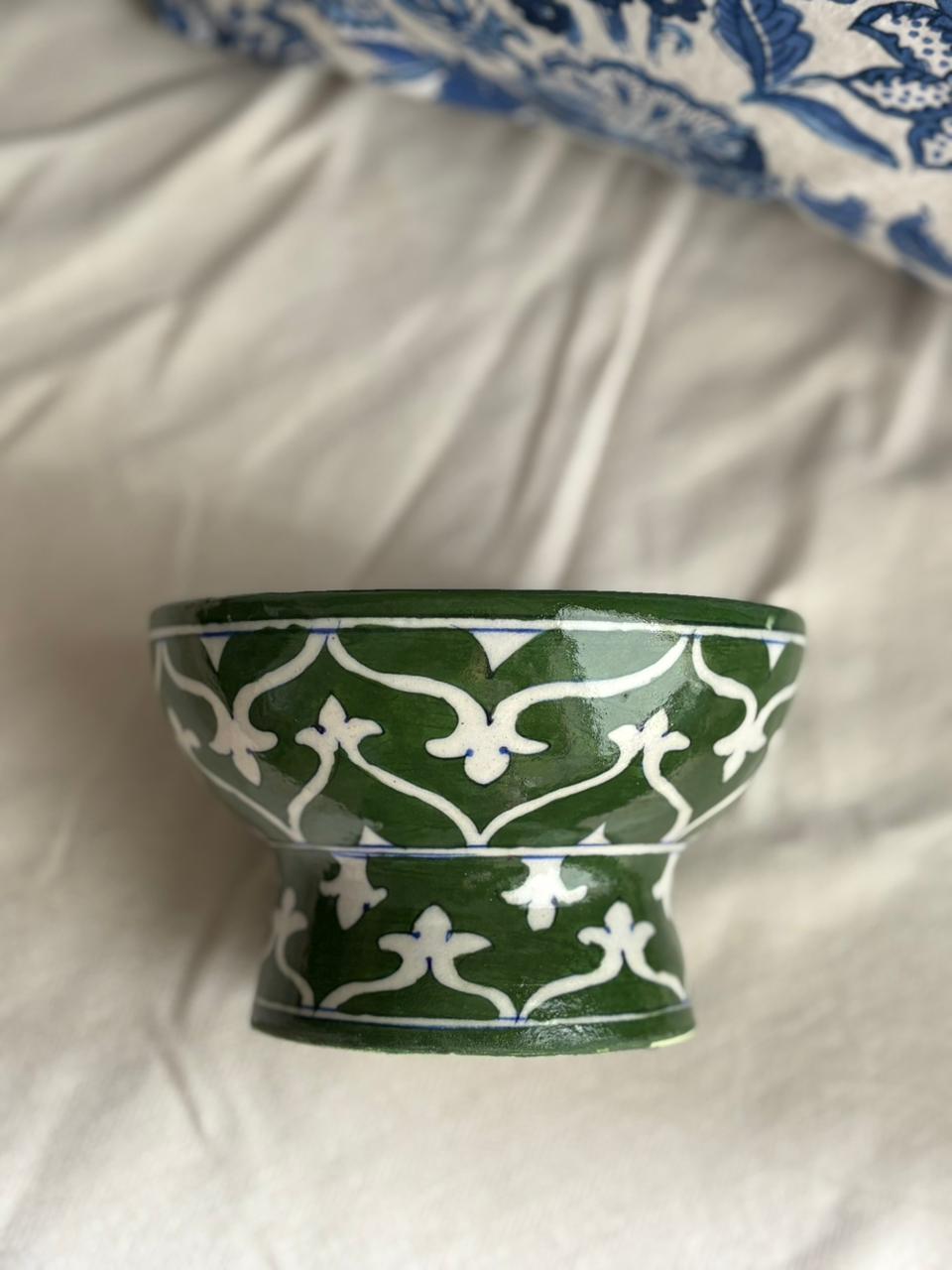 Hand Painted Blue Pottery Bowls with Stem