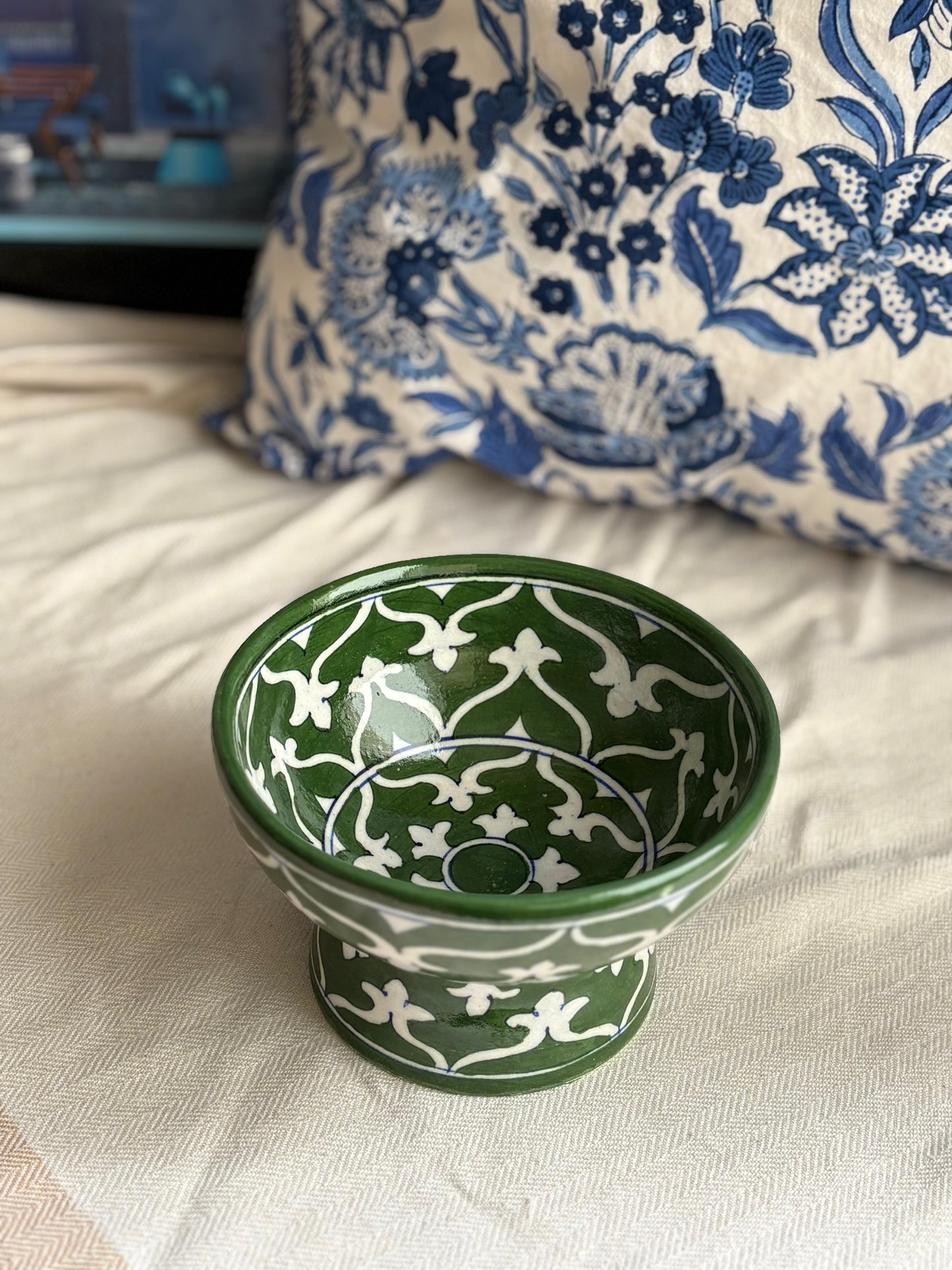 Hand Painted Blue Pottery Bowls with Stem