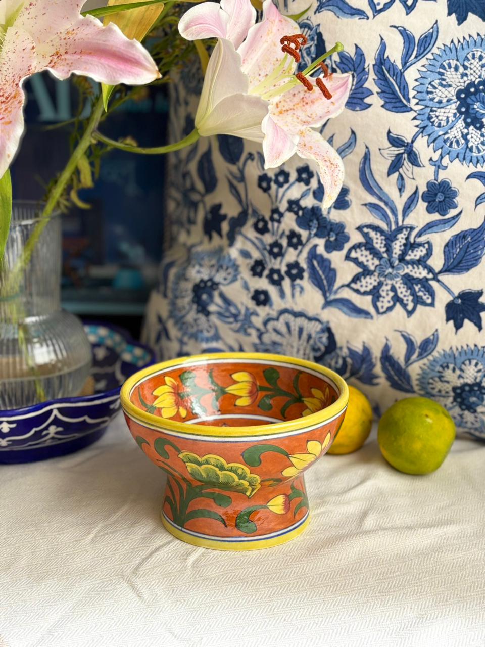 Hand Painted Blue Pottery Bowls with Stem
