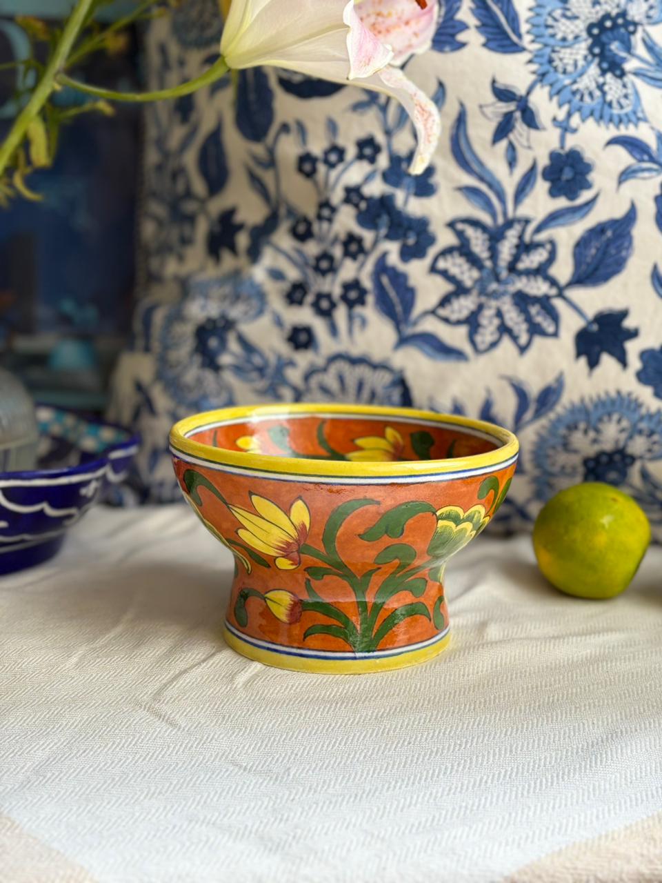 Hand Painted Blue Pottery Bowls with Stem