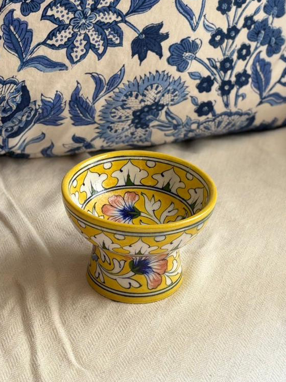 Hand Painted Blue Pottery Bowls with Stem