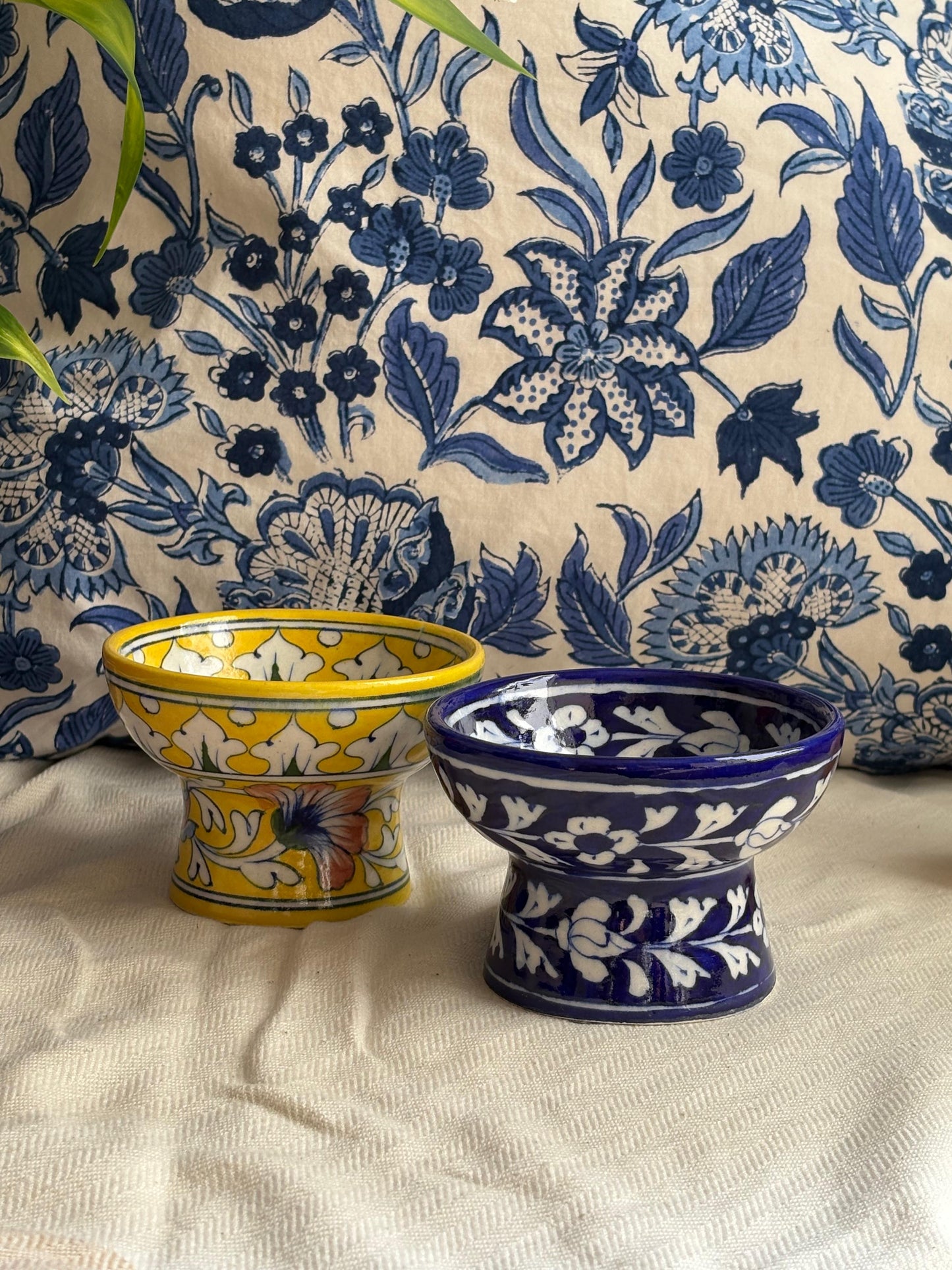 Hand Painted Blue Pottery Bowls with Stem
