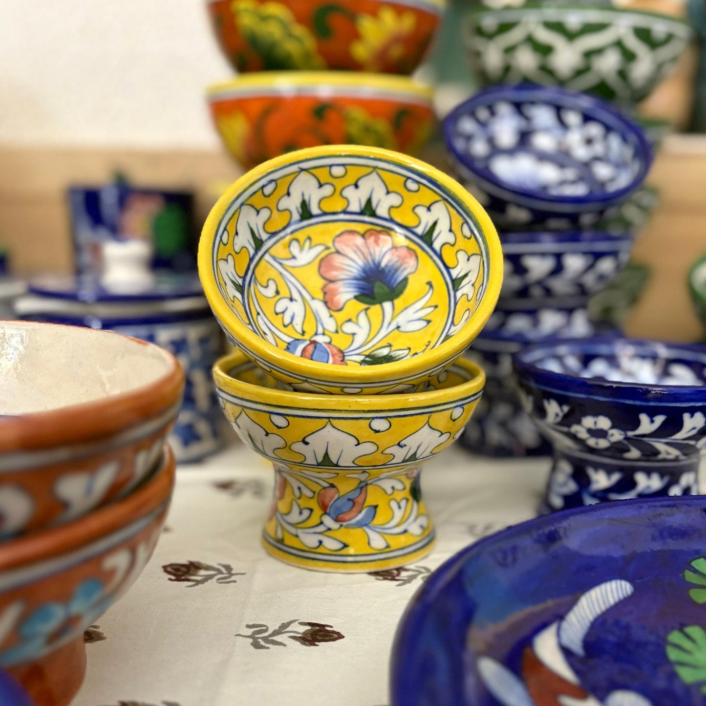 Hand Painted Blue Pottery Bowls with Stem