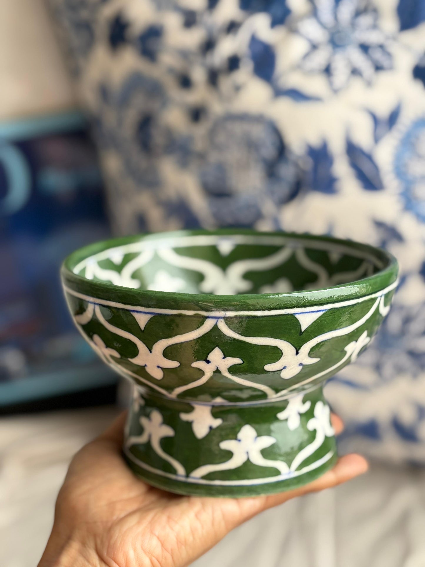 Hand Painted Blue Pottery Bowls with Stem