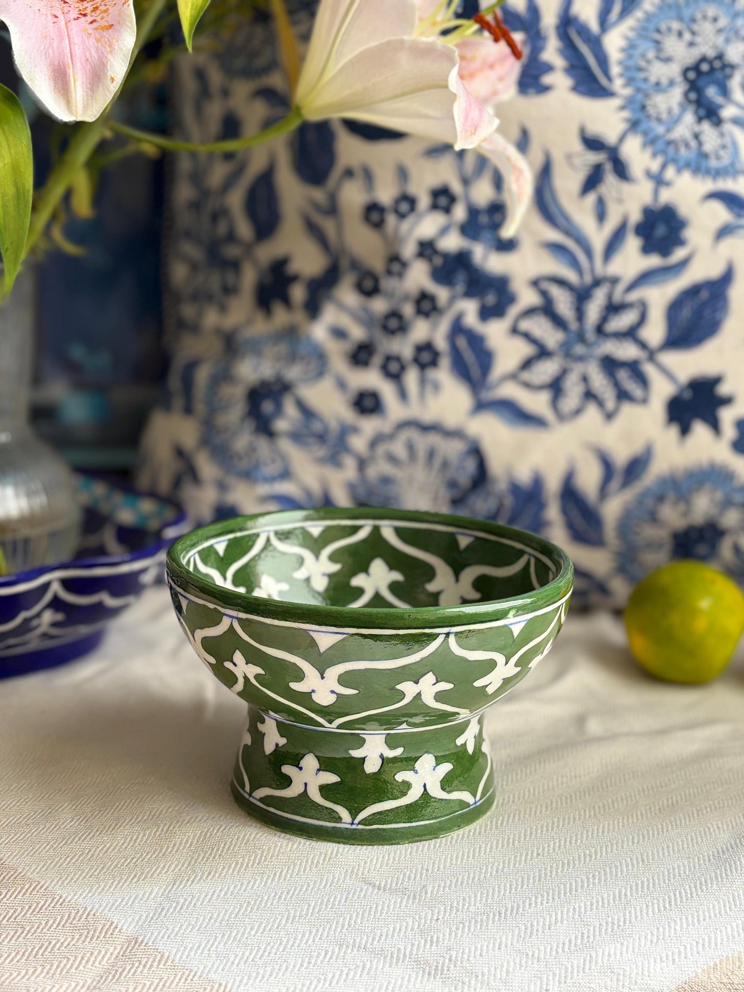 Hand Painted Blue Pottery Bowls with Stem