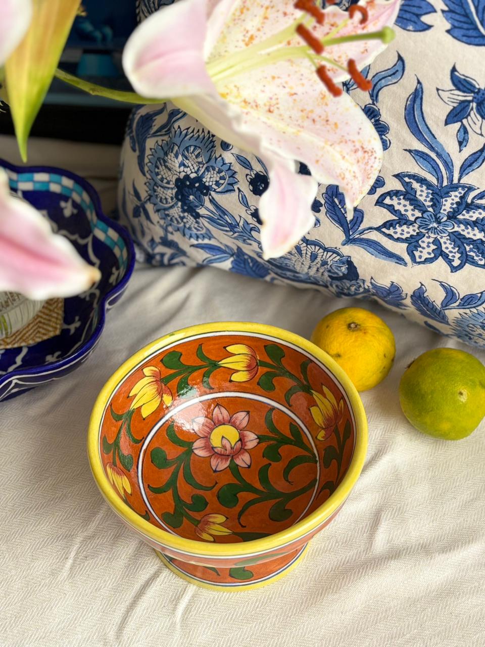 Hand Painted Blue Pottery Bowls with Stem