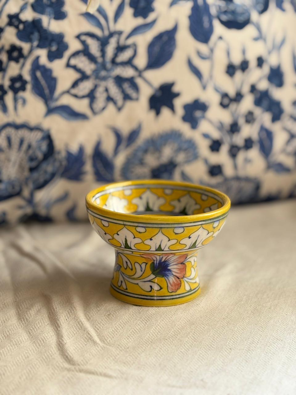 Hand Painted Blue Pottery Bowls with Stem