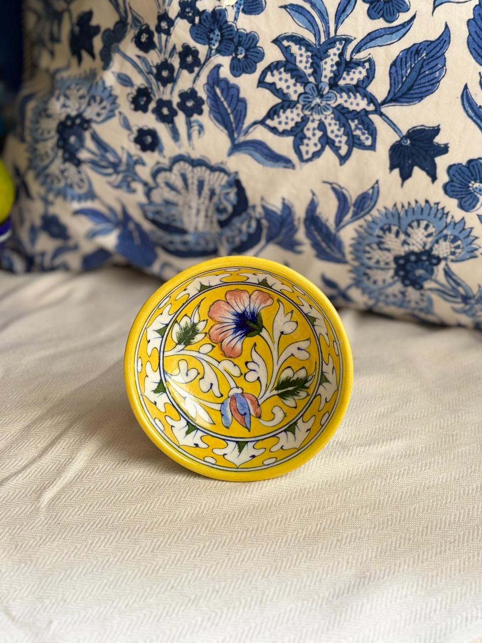 Hand Painted Blue Pottery Bowls with Stem