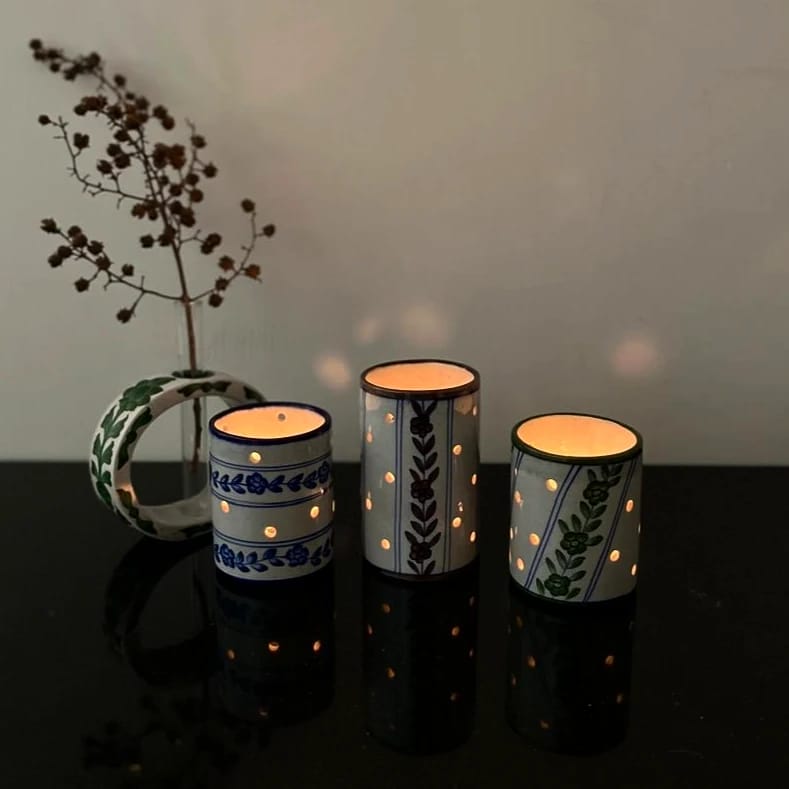 Chokar Exclusives - Trio of Blue Pottery Christmas Candle Stands