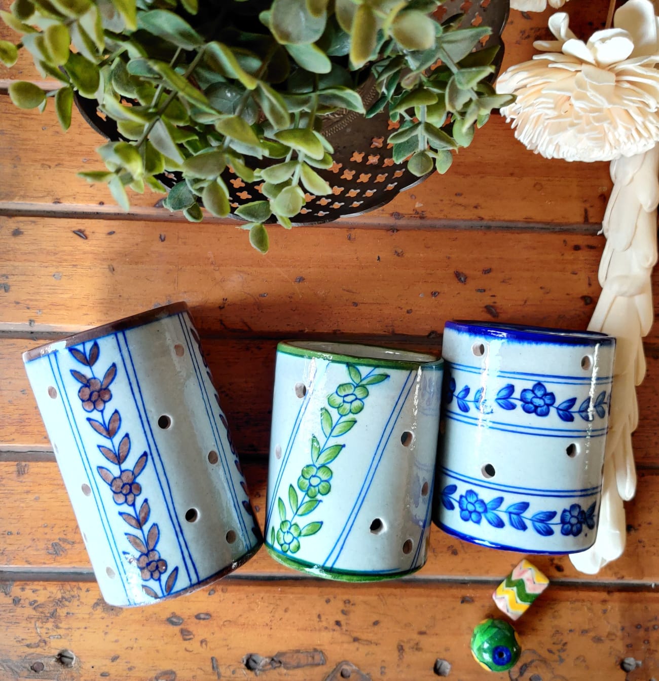 Chokar Exclusives - Trio of Blue Pottery Christmas Candle Stands