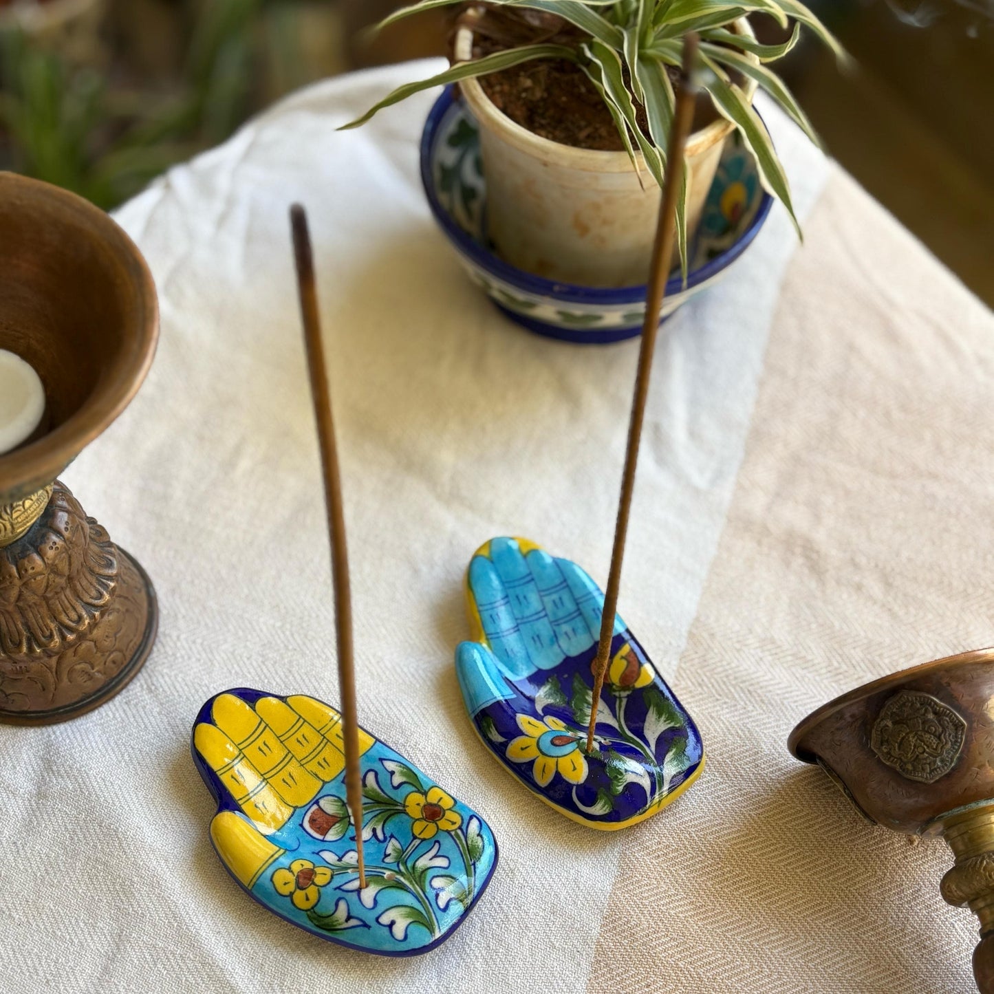 Blue Pottery Hamsa Incense Holder