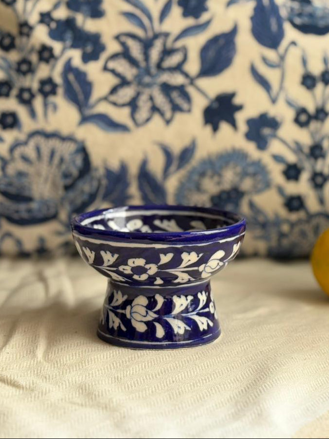 Hand Painted Blue Pottery Bowls with Stem