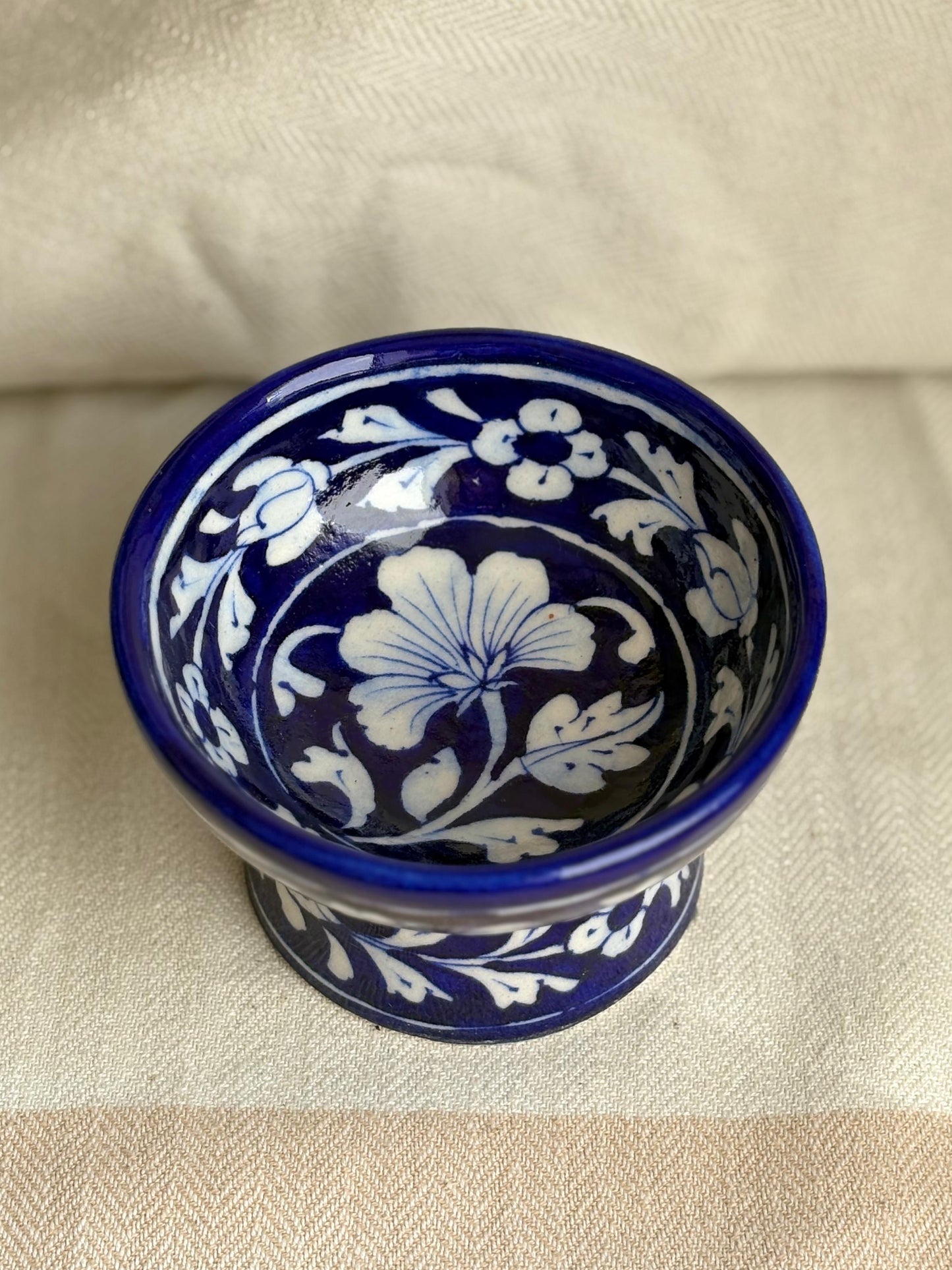 Hand Painted Blue Pottery Bowls with Stem