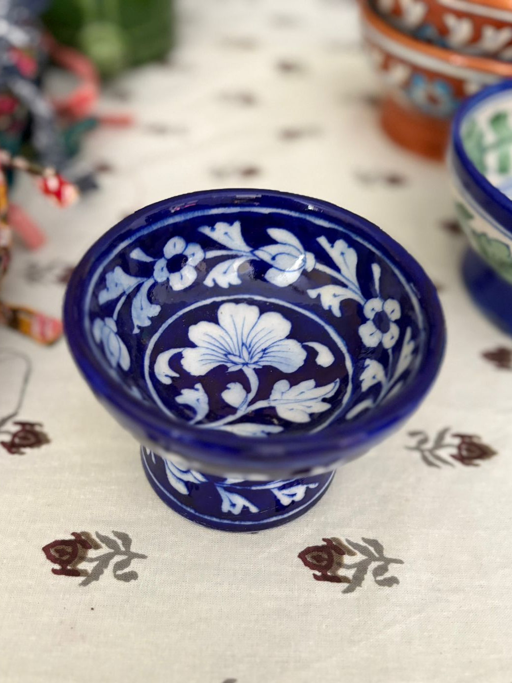 Hand Painted Blue Pottery Bowls with Stem