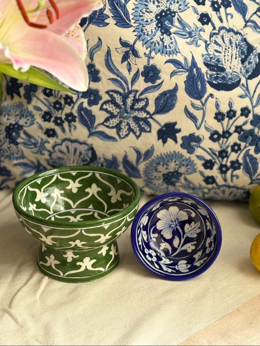 Hand Painted Blue Pottery Bowls with Stem
