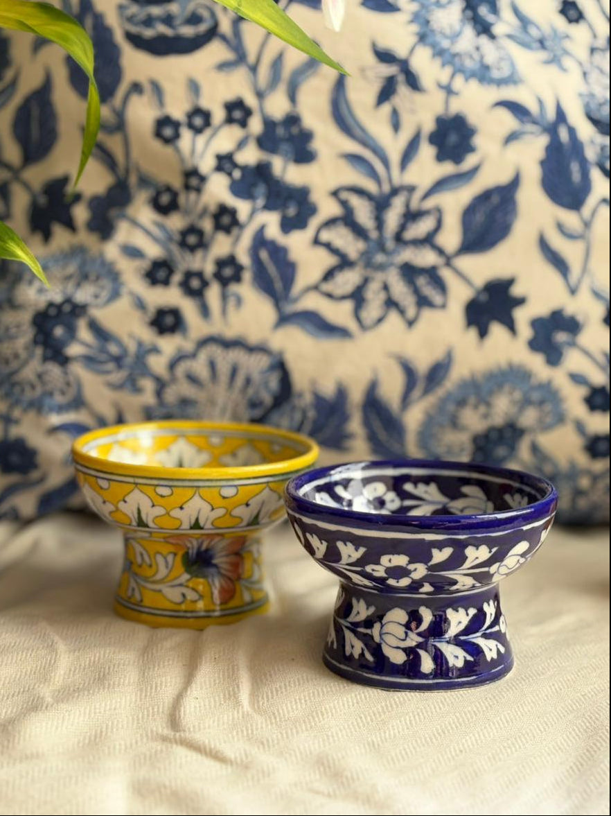 Hand Painted Blue Pottery Bowls with Stem