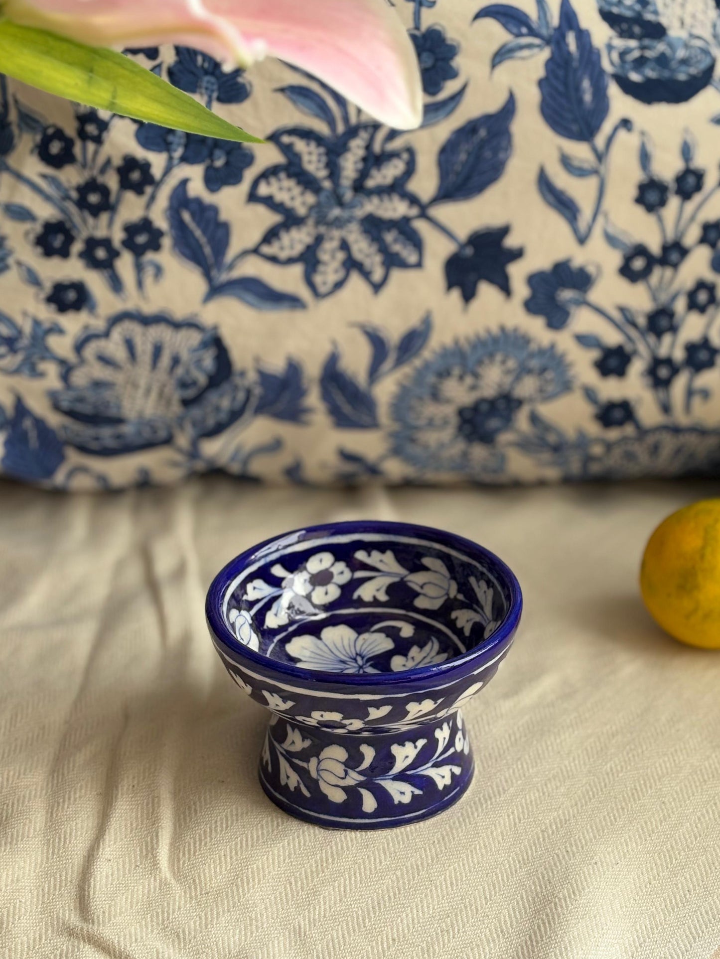 Hand Painted Blue Pottery Bowls with Stem
