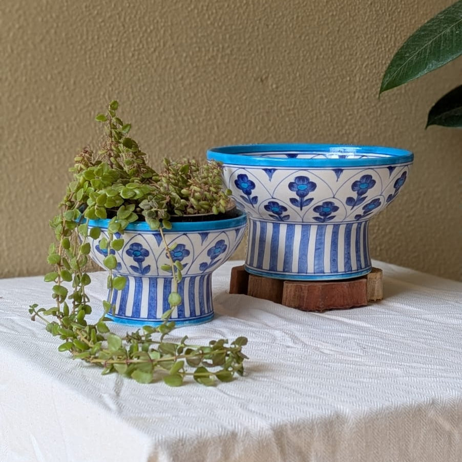 Flowers 'n' Jharokha Blue Pottery Pedestal Bowl