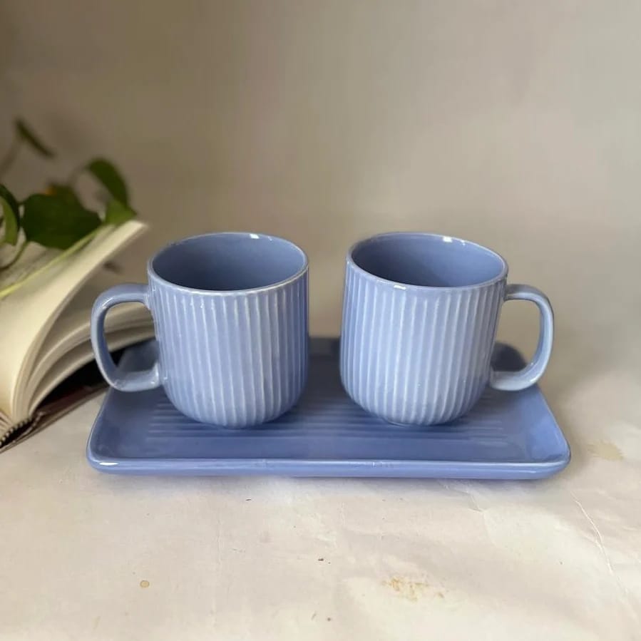 Blue Striped Mugs with tray