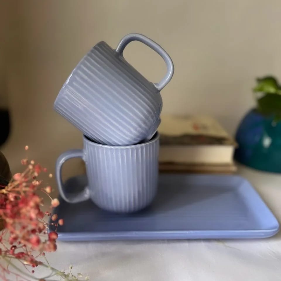 Blue Striped Mugs with tray