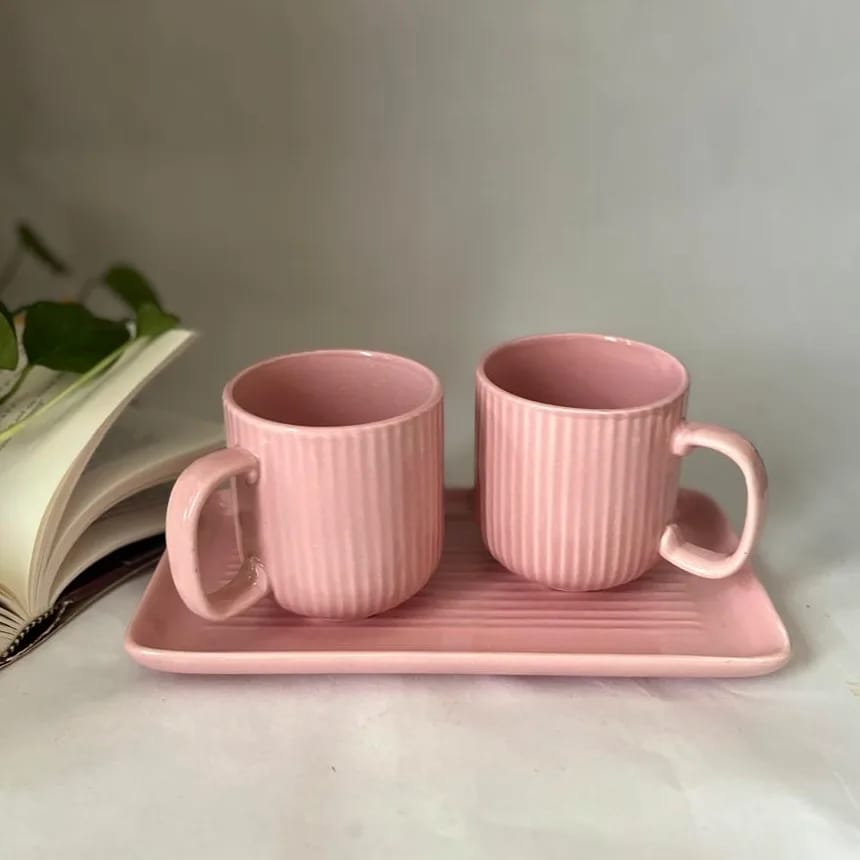 Pink Striped Mugs with tray