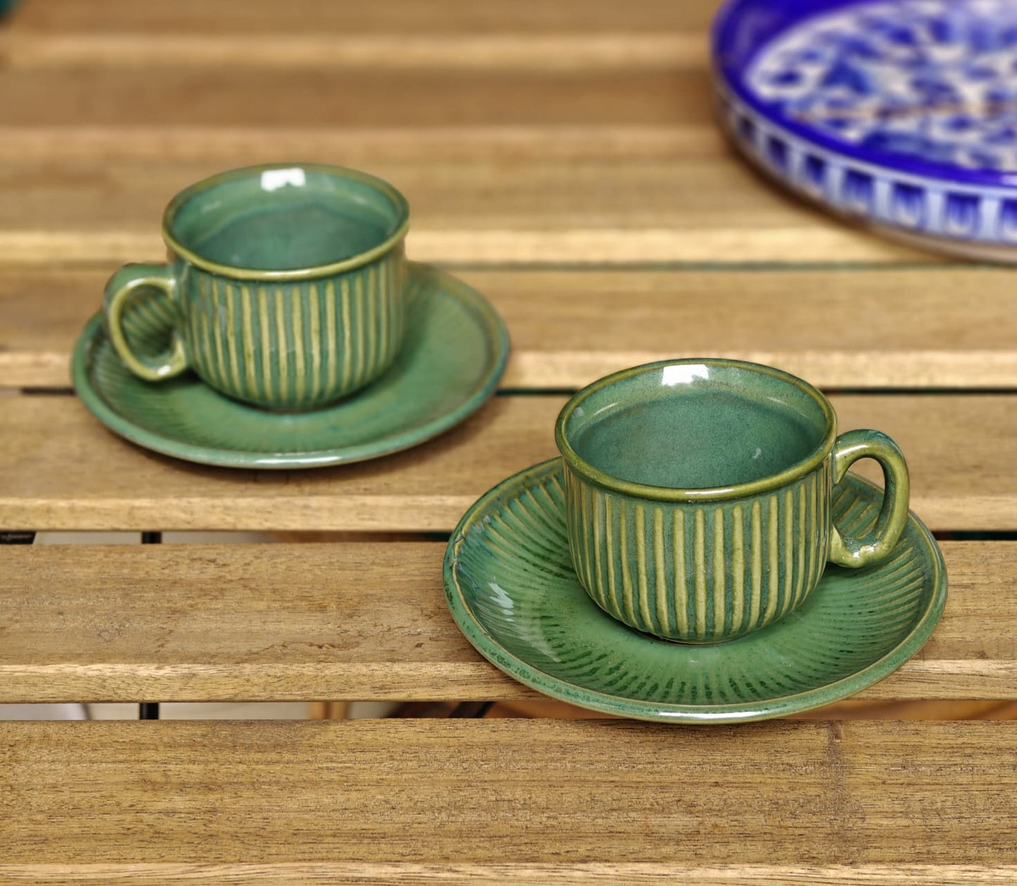 Green Ribbed Espresso Cup & Saucer Set