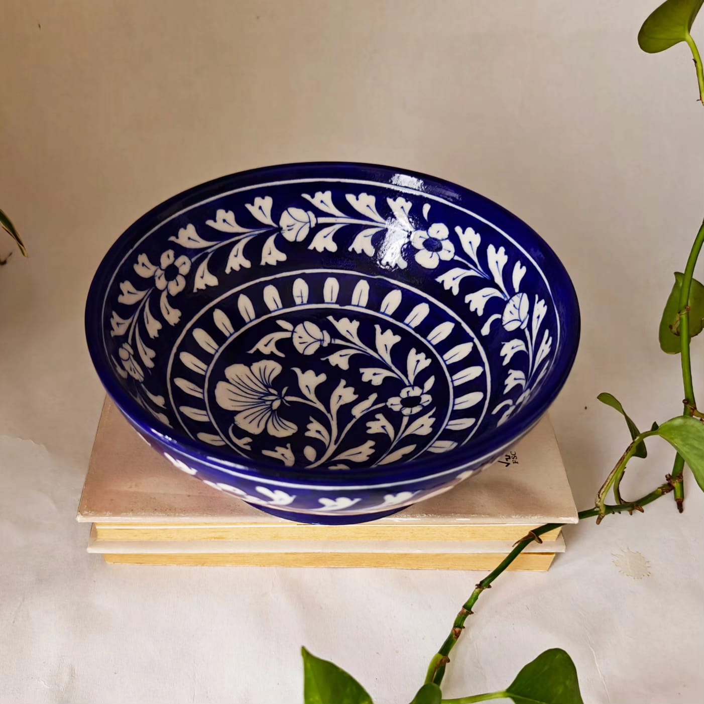 Floral Blue pottery bowl- Royal Blue