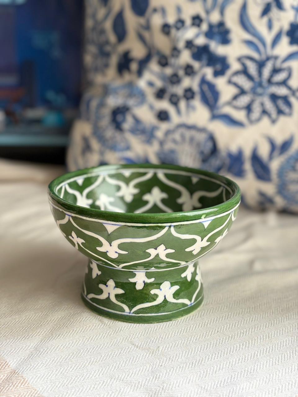 Hand Painted Blue Pottery Bowls with Stem