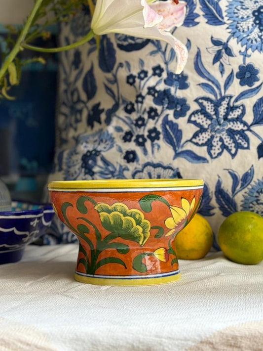Hand Painted Blue Pottery Bowls with Stem
