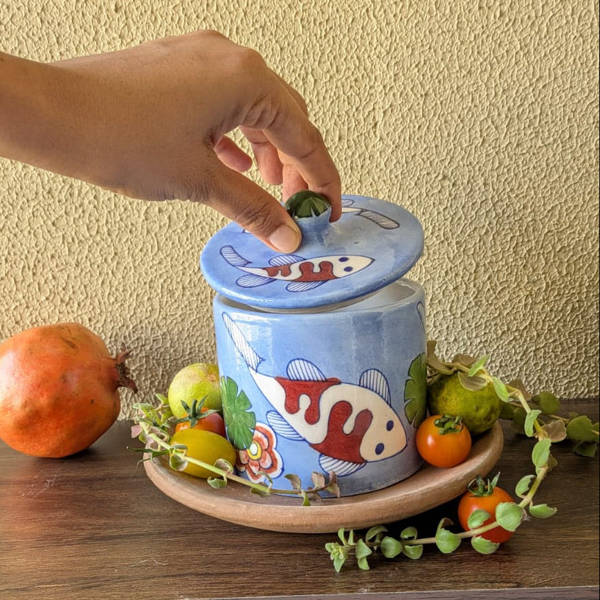 Blue Pottery Koi Pond Jar - Light Ocean Blue