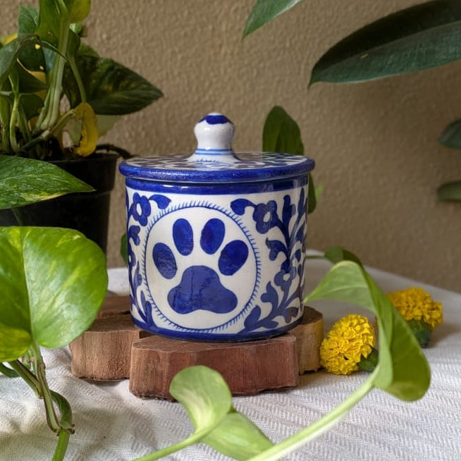 Blooming Paws Blue Pottery Jar