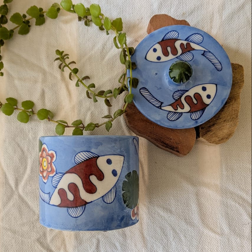Blue Pottery Koi Pond Jar - Light Ocean Blue