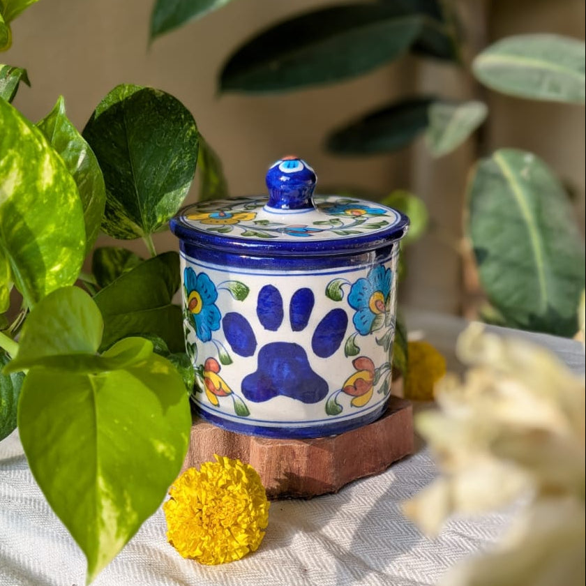 Paws in Meadow Blue Pottery Jar