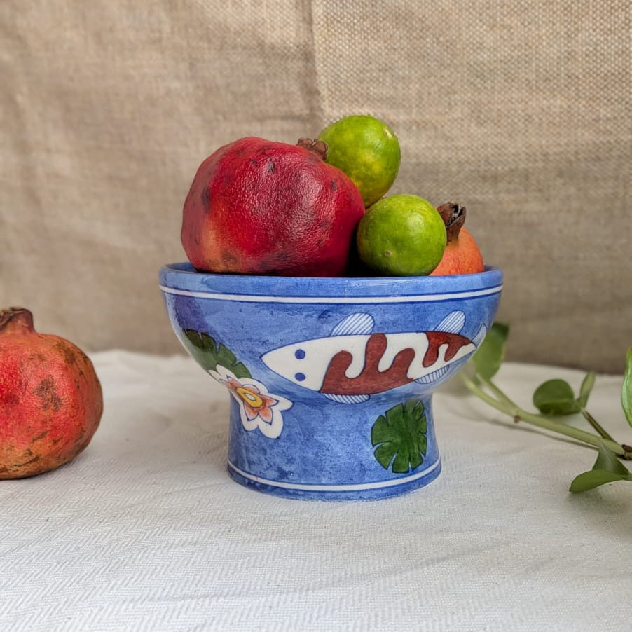 Koi Pond Blue Pottery Pedestal Bowl