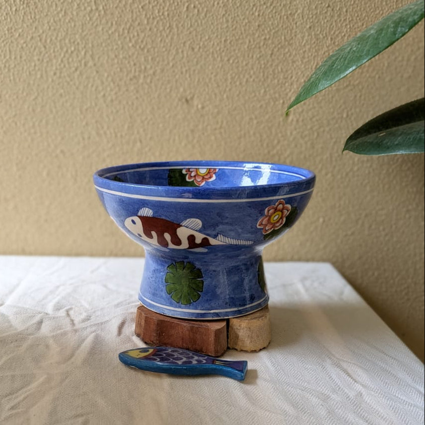 Koi Pond Blue Pottery Pedestal Bowl