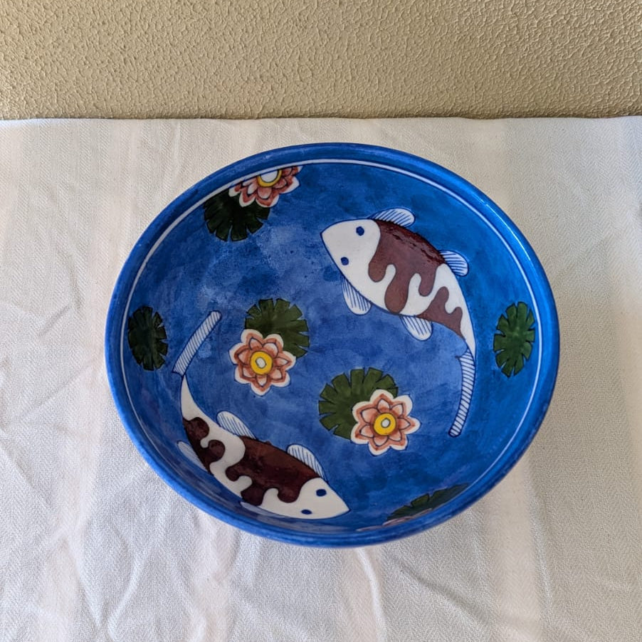 Koi Pond Blue Pottery Pedestal Bowl