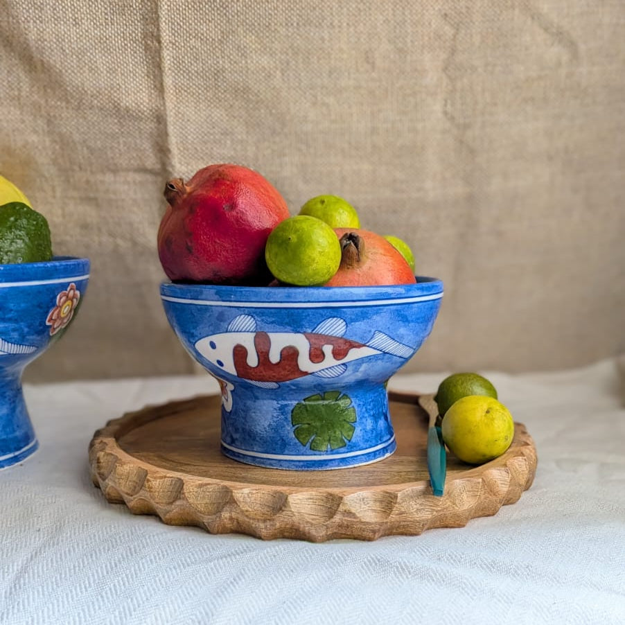 Koi Pond Blue Pottery Pedestal Bowl