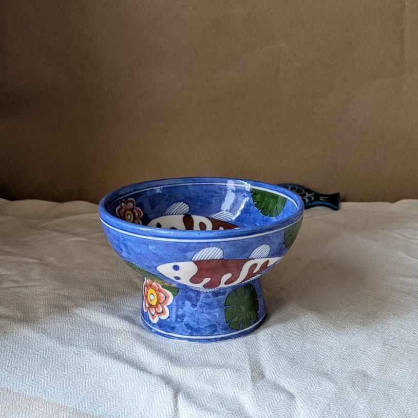 Koi Pond Blue Pottery Pedestal Bowl
