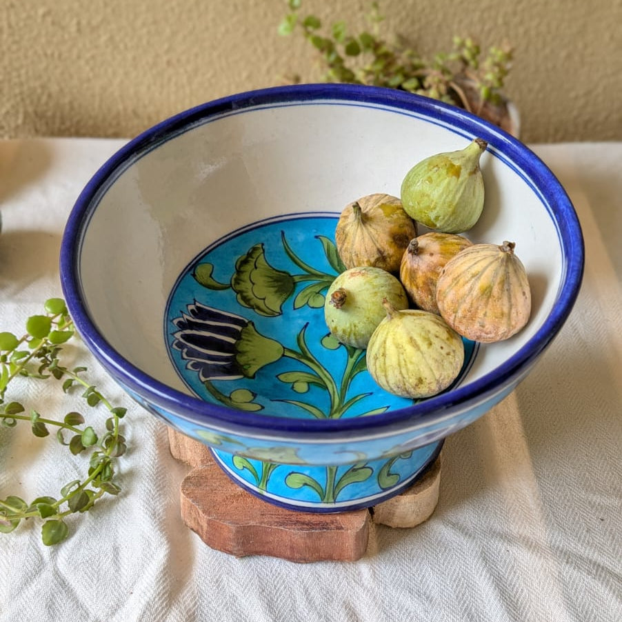 Lotus Pond Blue Pottery Pedestal Bowl