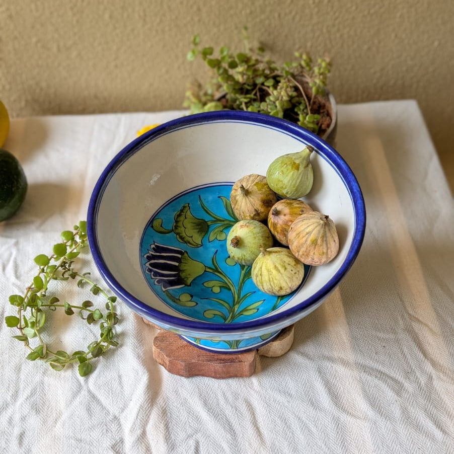 Lotus Pond Blue Pottery Pedestal Bowl