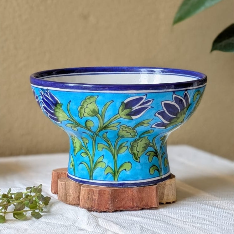Lotus Pond Blue Pottery Pedestal Bowl
