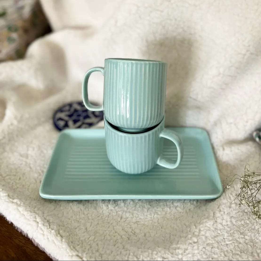 Sea Green Striped Mugs with Tray