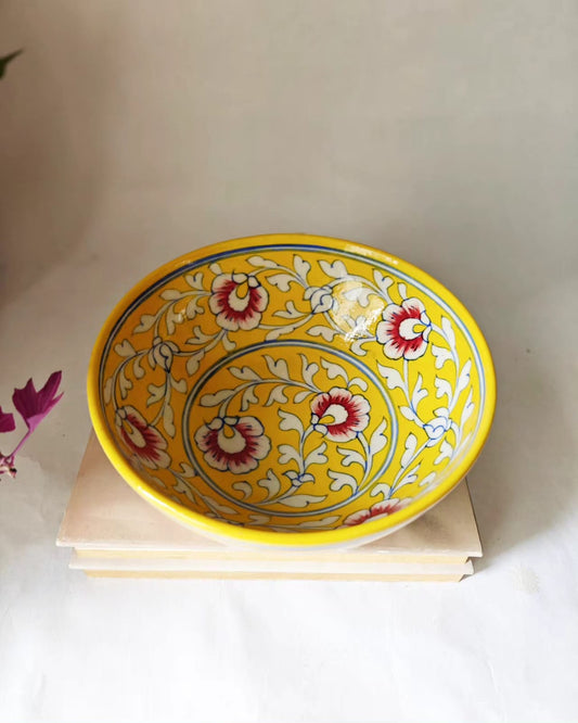 Floral Blue pottery bowl- Yellow