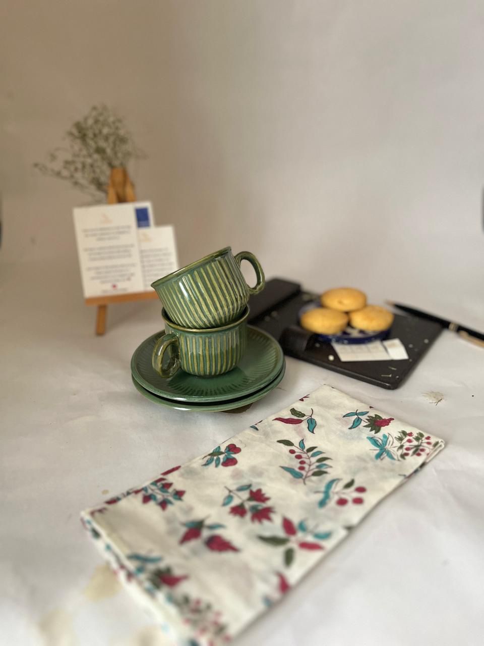 Green Ribbed Espresso Cup & Saucer Set