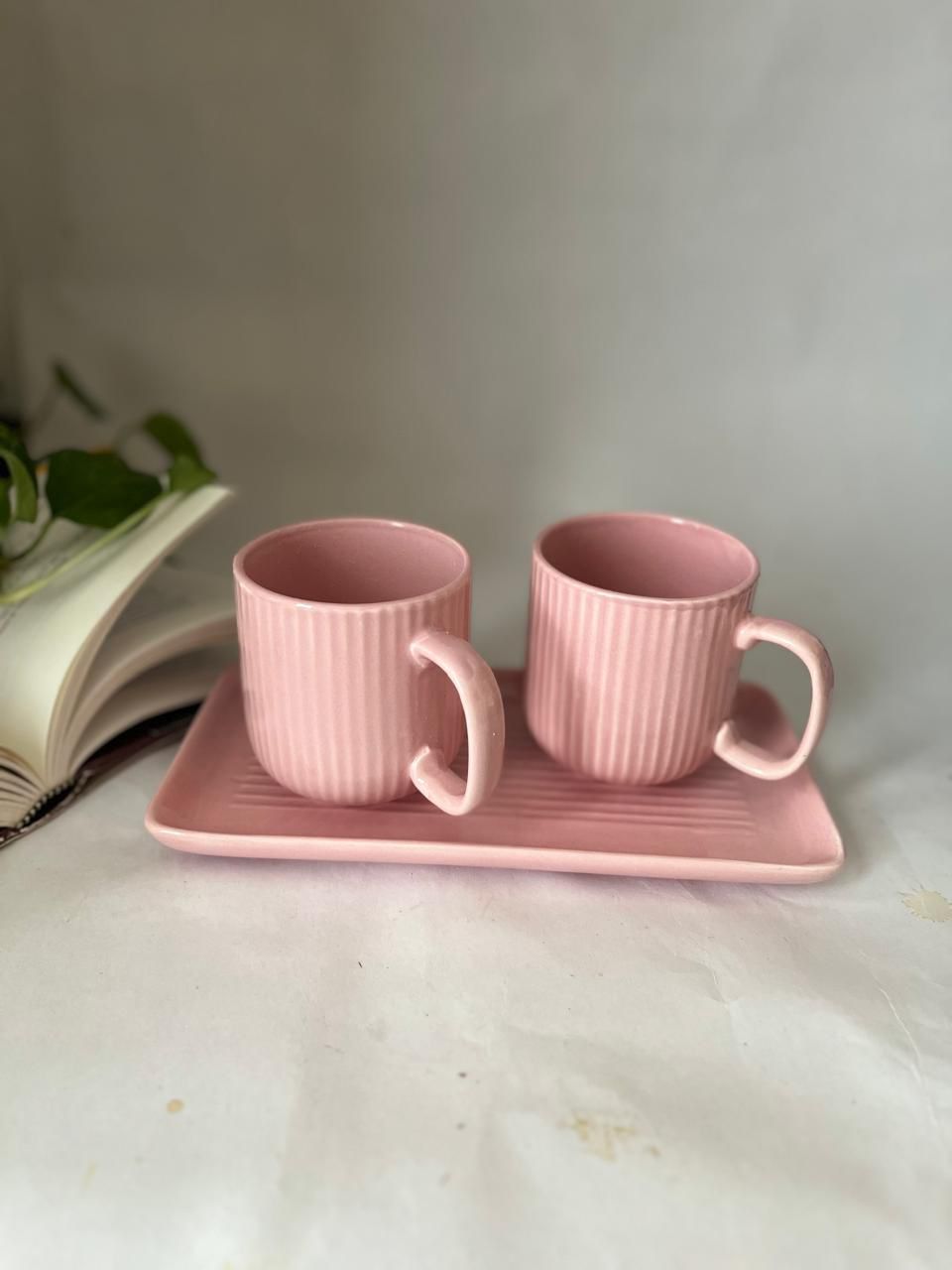 Blue Striped Mugs with tray