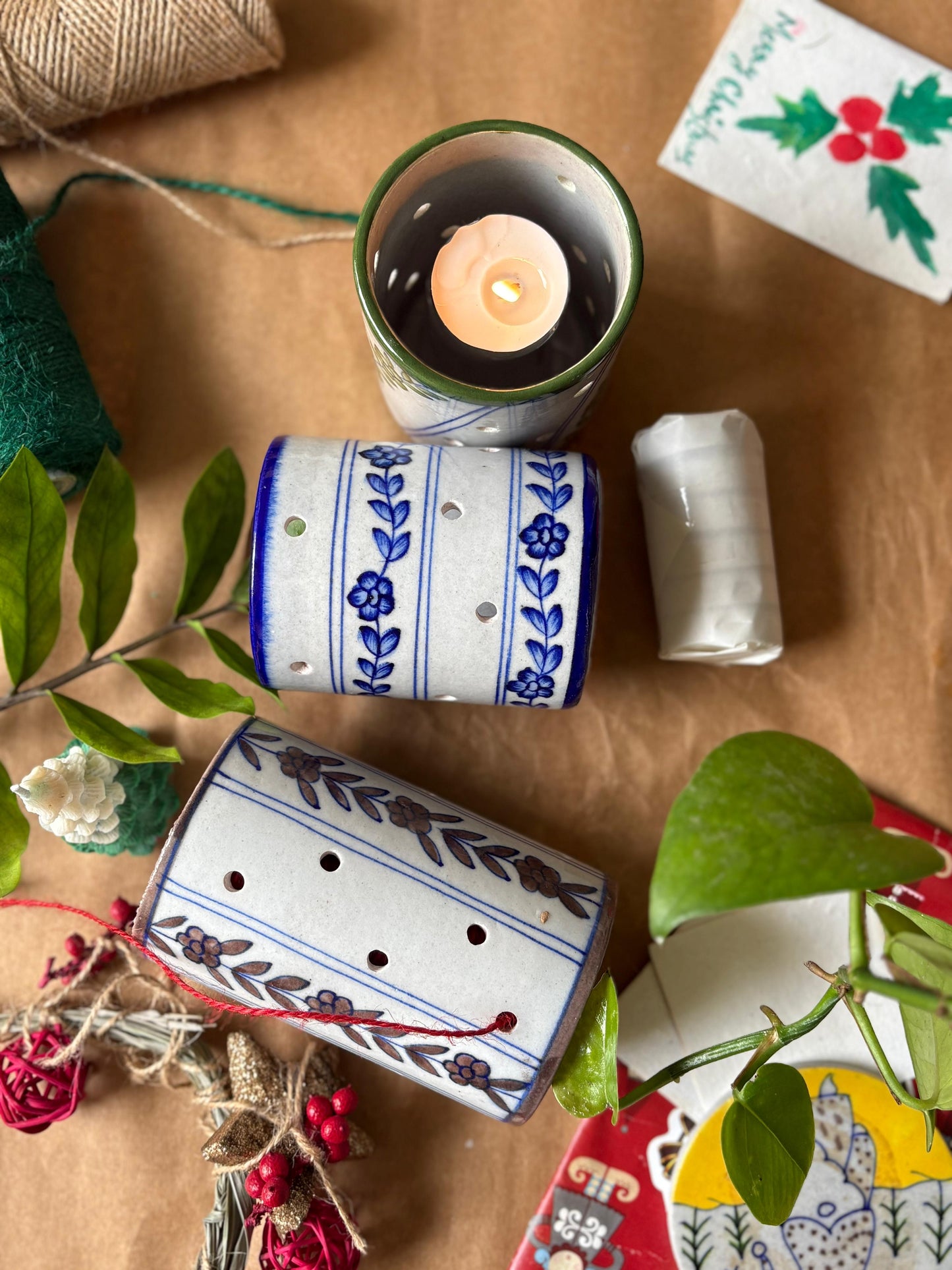 Chokar Exclusives - Trio of Blue Pottery Christmas Candle Stands