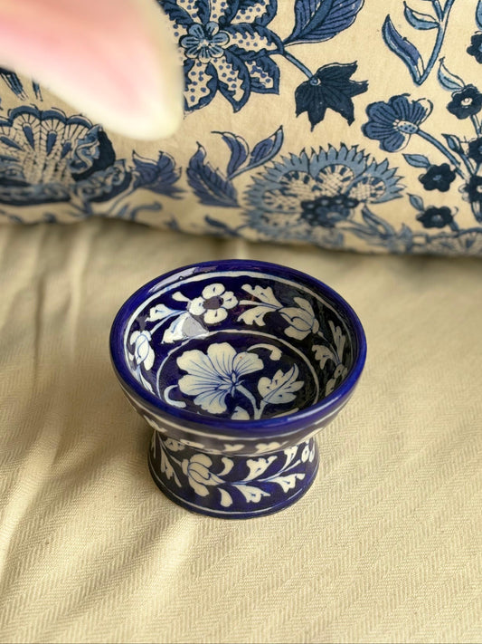 Hand Painted Blue Pottery Bowls with Stem