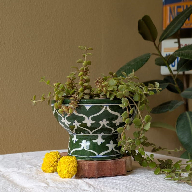 Green & White Interweave Blue Pottery Pedestal Bowl